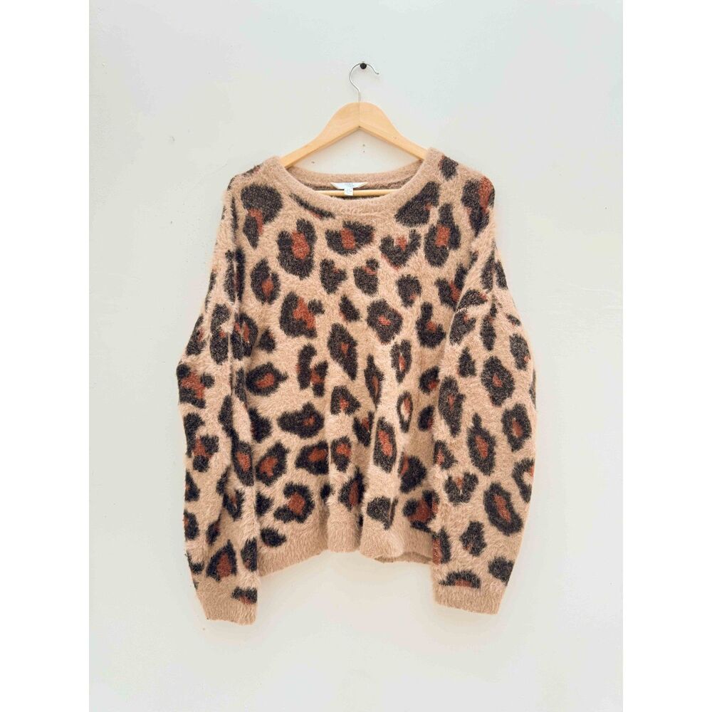 Time and Tru XL Leopard Fuzzy Sweater Tan Black Animal Print Plus Size